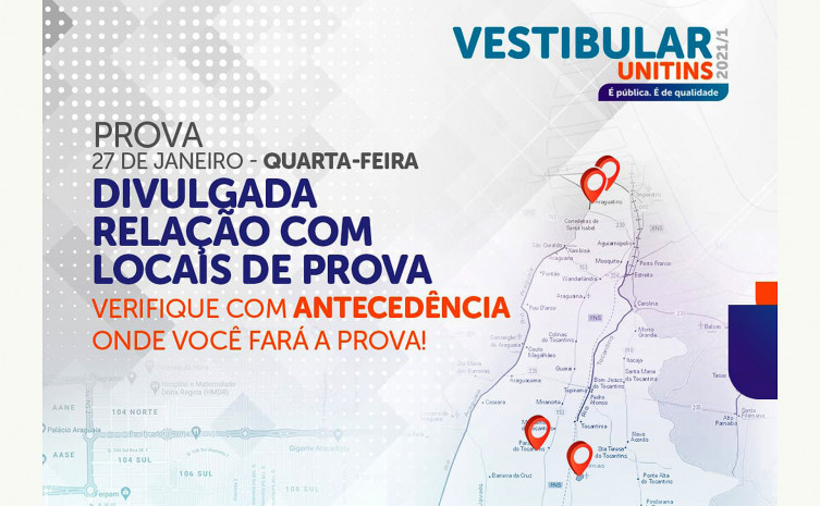 Provas serão aplicadas presencialmente na próxima quarta-feira, 27 de janeiro, nas cidades em que a Unitins possui Câmpus