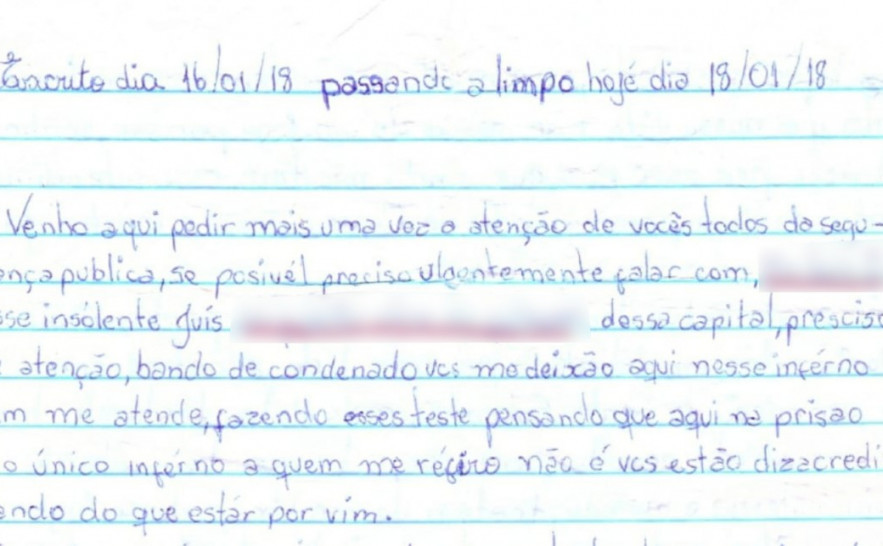 Trecho da carta em que magistrado da Capital é ameaçado