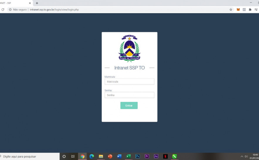 Página de acesso à Intranet da SSP-TO