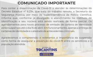 Comunicado sobre o atendimento no Instituto de Identificação e seus núcleos