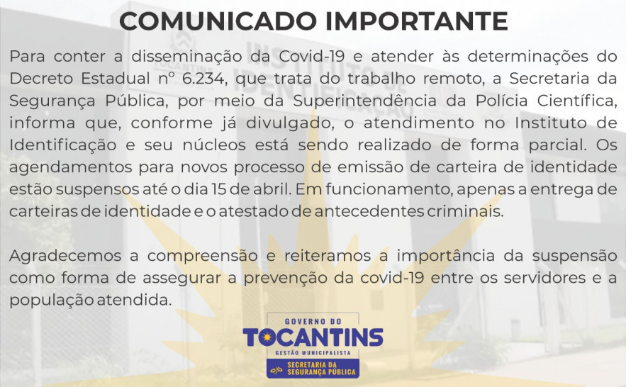 Comunicado sobre o atendimento no Instituto de Identificação e seus núcleos