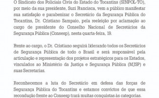 SINPOL-TO parabeniza secretário da Segurança Pública pela recondução à presidência do Colégio Nacionla dos Secretários de Segurança Pública