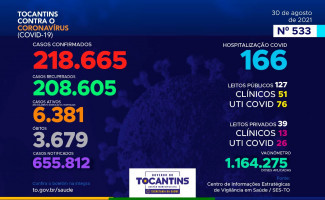 Acompanhe o 533º boletim epidemiológico da Covid-19 no Tocantins 30/08