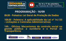 Palestras sobre proteção de dados e nova de lei de licitações são atividades desta quinta, na 1ª Semana da Controladoria