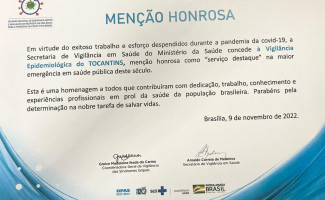 SES-TO recebe menção honrosa do Ministério da Saúde