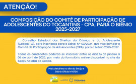 Conselho Estadual da Criança e do Adolescente realiza chamamento público para a composição do Comitê de Participação de Adolescentes do Tocantins