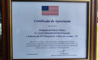 Delegacia da Polícia Civil de Ananás recebe certificado de apreciação por resgate de cidadão americano

