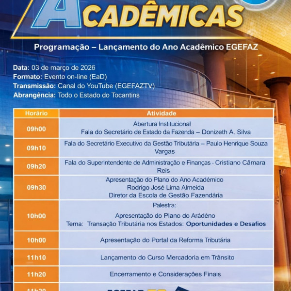 SEFAZ-TO lança Ano Acadêmico 2026 da Egefaz com palestra sobre transação tributária
