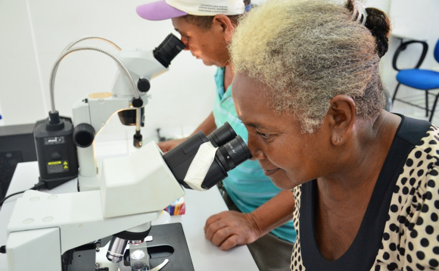 Dona Luiza e seu Franciso observam espécies de mosquitos em microscópios 