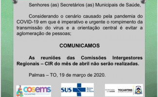 Saúde suspende reuniões da CIR em decorrência do novo coronavirus 